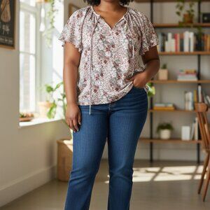 (F-188)Womens Floral Blouse Short Sleeve V-Neck Lightweight Polyester Casual Top